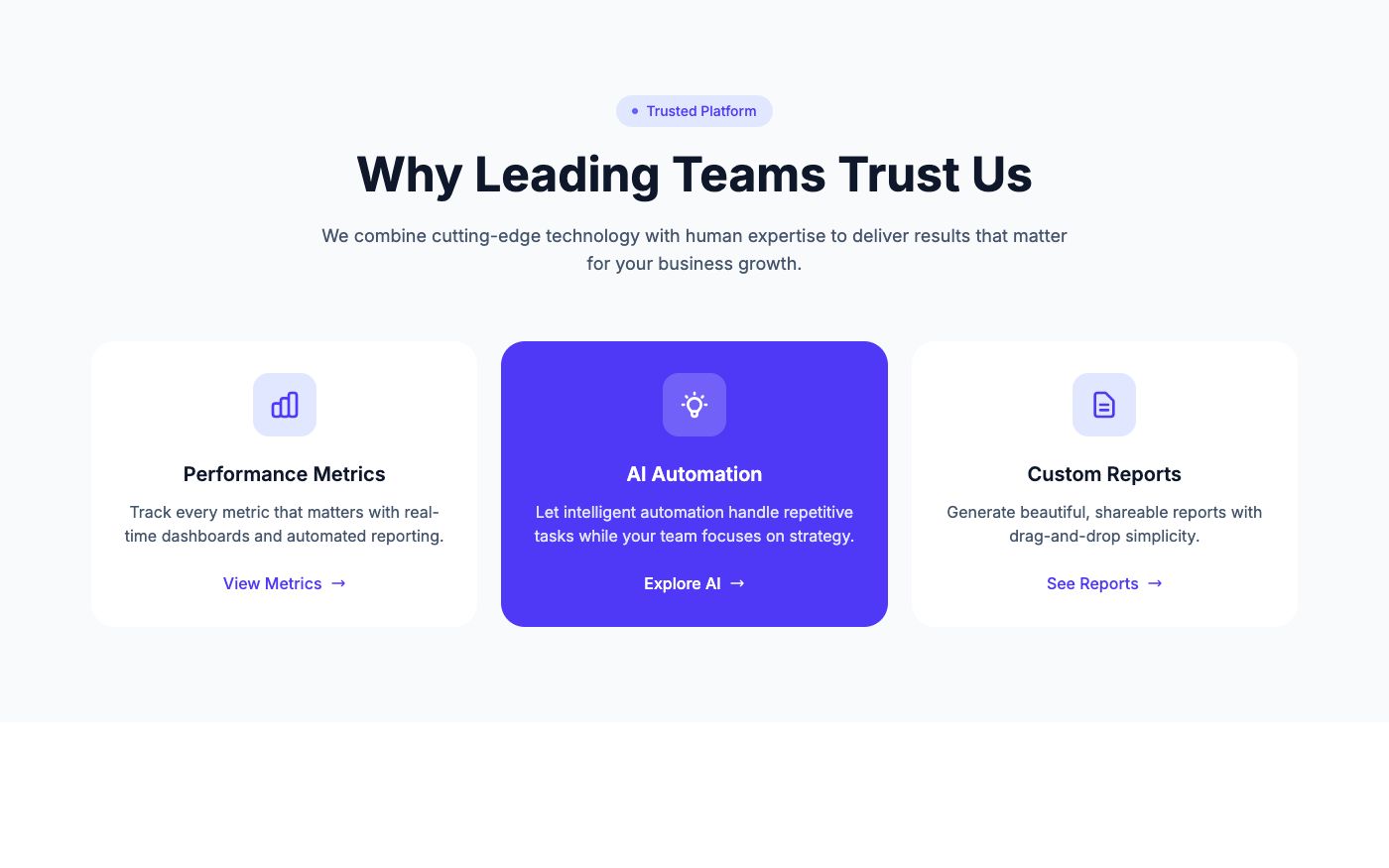 Centered feature cards with icons
