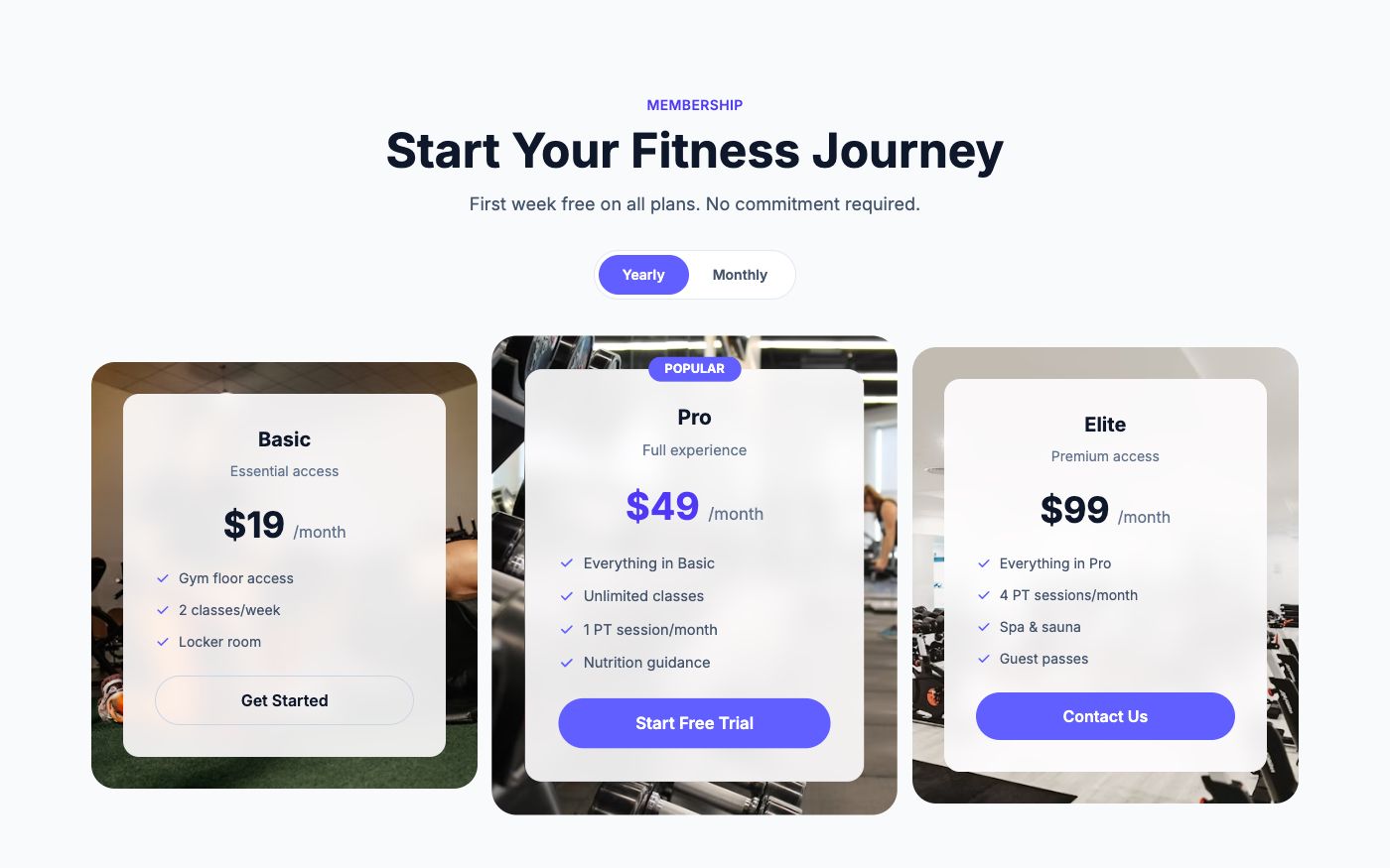 Glass-style pricing cards