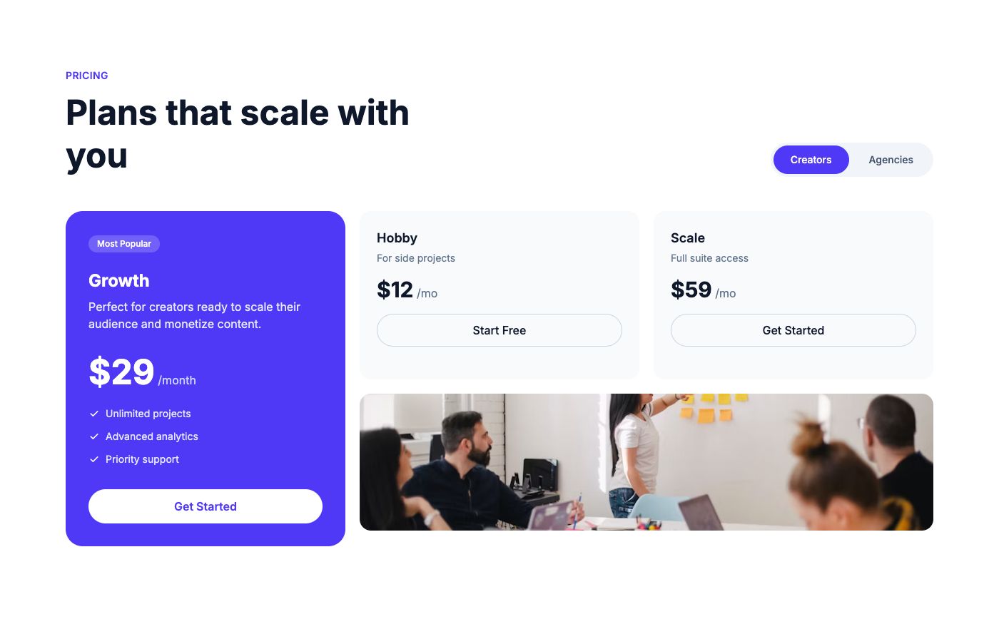 Clean pricing cards with highlighted plan